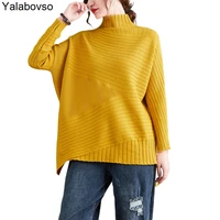 2021 autumn and winter new large loose long sleeve knitted slim high neck irregular female solid color bottomed sweaters