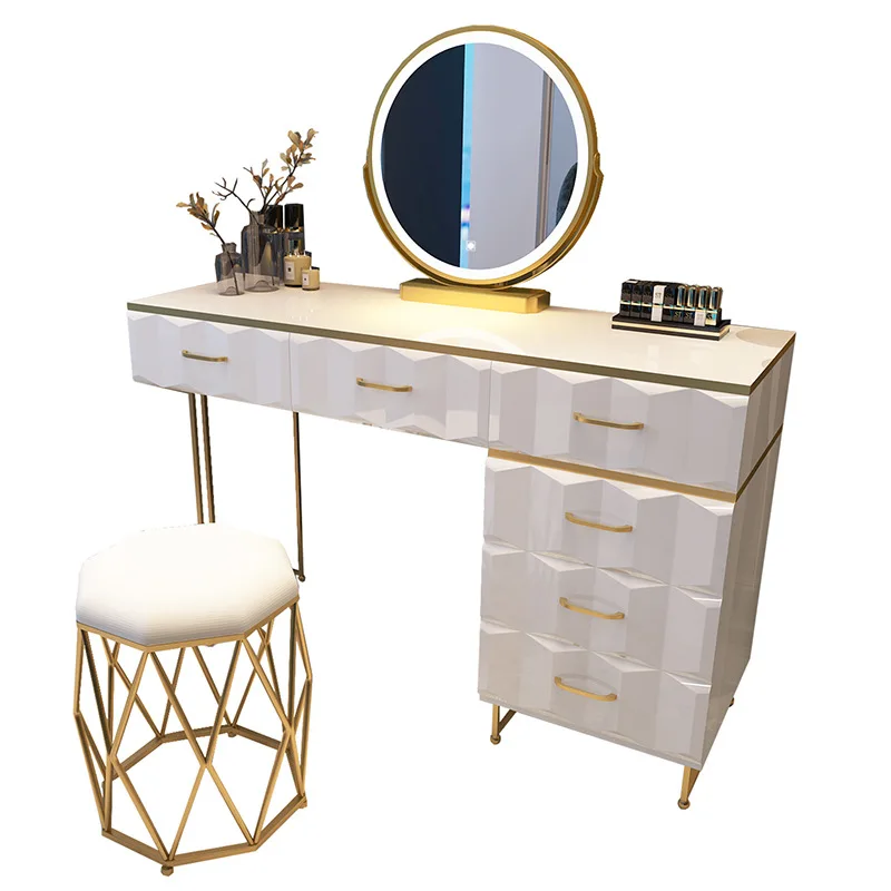 

100cm Dressing Table Organizer and Stool Set Jewelry Storage Vanity Mirror Set Makeup Table with 6 Sliding Drawers