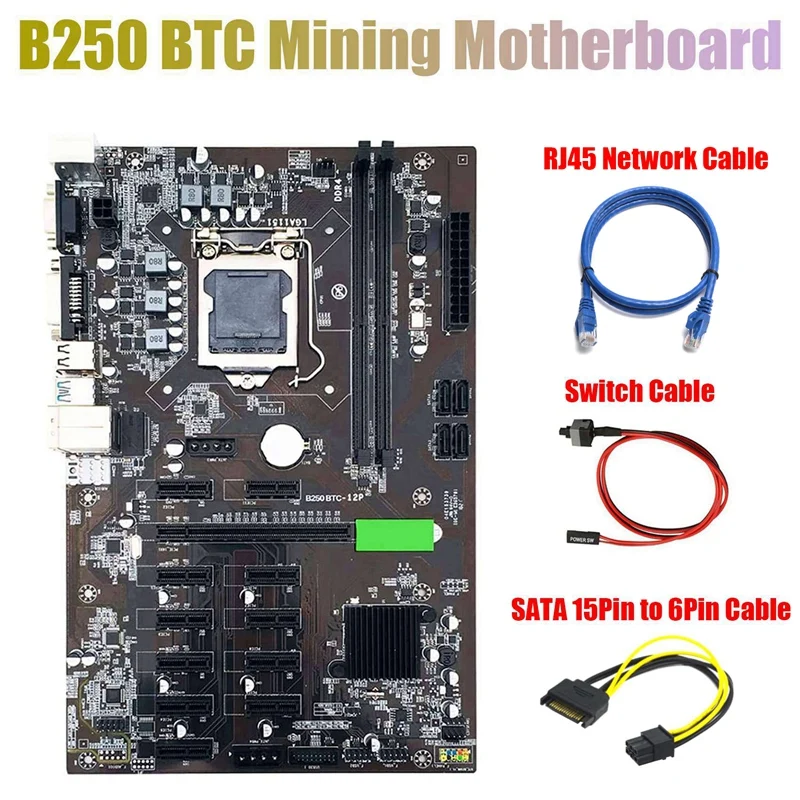 

Материнская плата B250 для майнинга BTC с кабелем SATA 15Pin к 6Pin + кабель RJ45 + кабель переключателя 12x слот для графической карты LGA 1151 для BTC