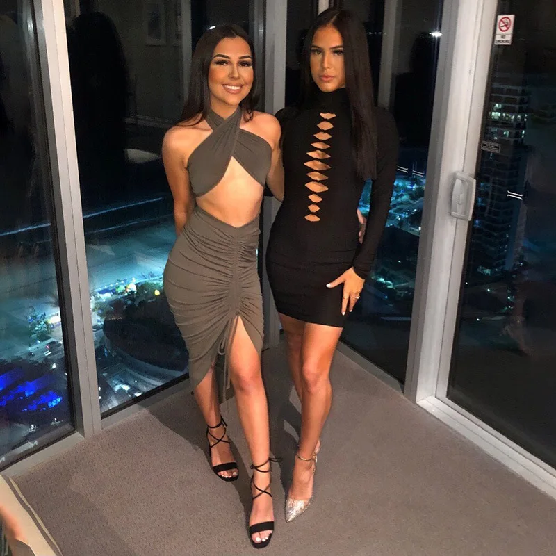 

CIBBAR Hollow Out Bandage Black Mini Dress Women Solid Turtleneck Long Sleeve Casual Basic Bodycon Dresses Sexy Fashion Clubwear