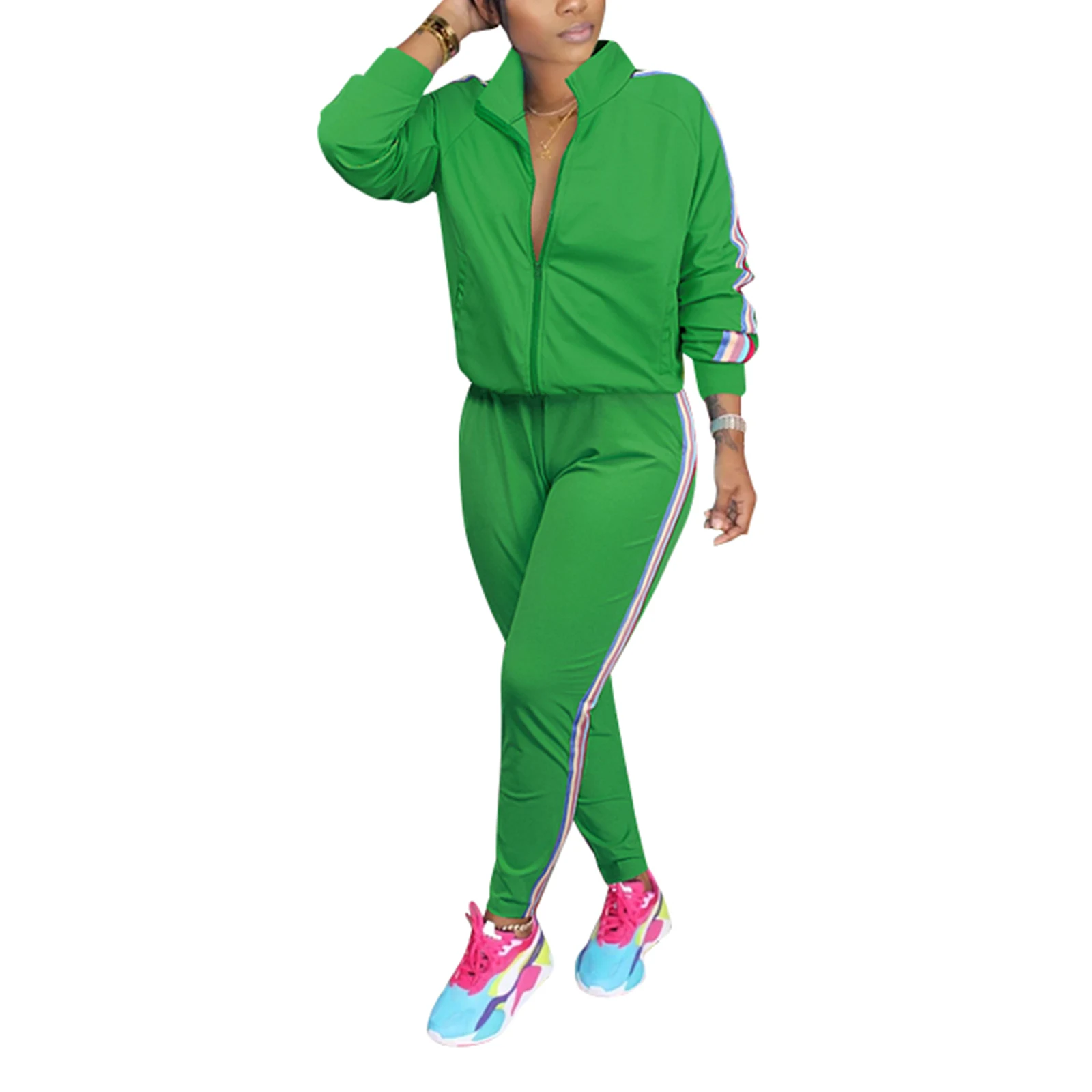 

2 Pcs Women Striped Outfits Autumn Adults Long Sleeve Lapel Collar Cardigan with Slant Pocket + Straight-leg Pants Tracksuit Set