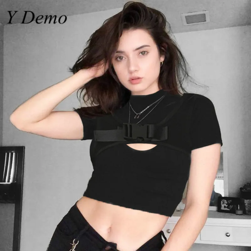 Y Demo Techwear черная футболка женская открытая Пряжка короткий рукав стойка воротник