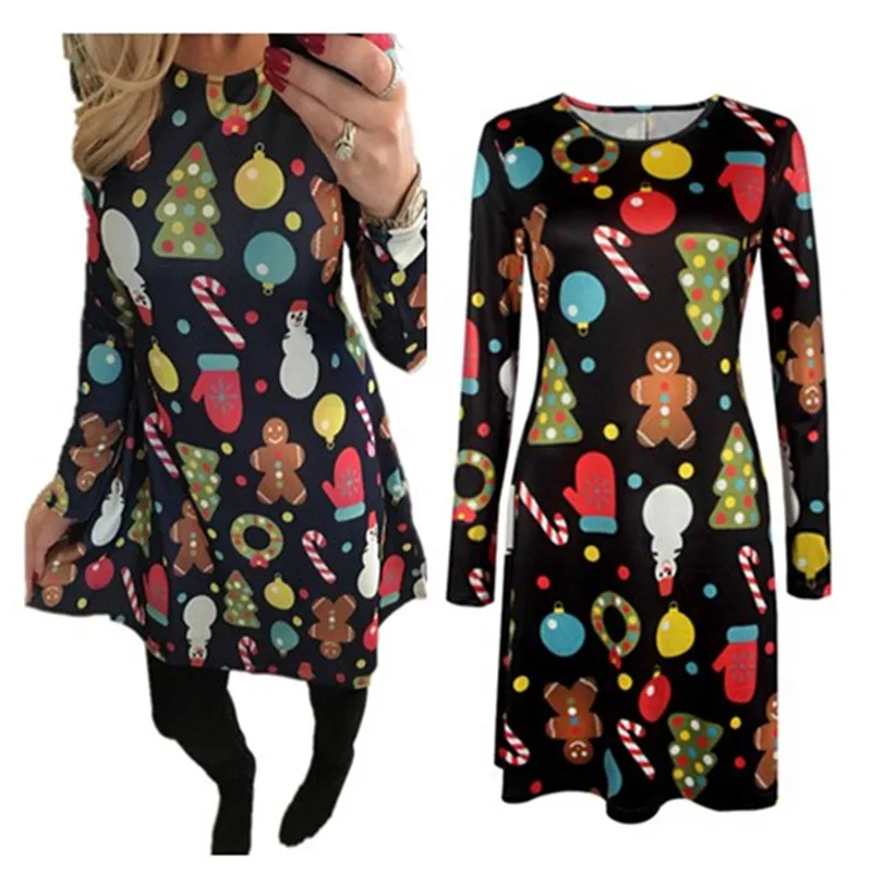 

Осенне-зимние женские платья с рождественской елкой, свободное уличное платье с длинным рукавом и круглым вырезом, милое платье-трапеция, ж...