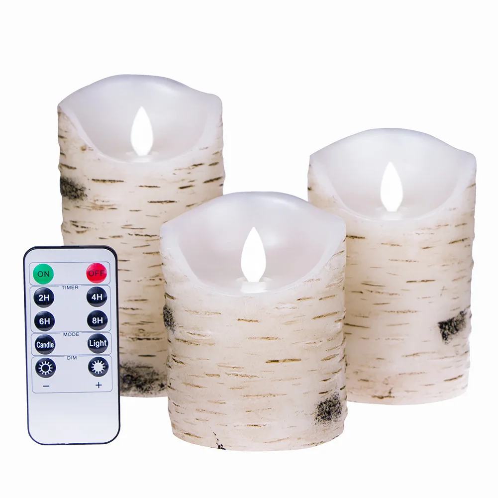 

3X Electric Birch Bark Candles Paraffin Flicker LED Tea Light W/ Timer Remote Bedside Night Lamp Battery Operated Dinner Table C