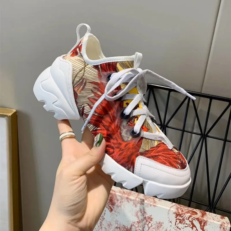 

Luxury Brand Wedges Sneakers Ladies Thick-soled Round Toe Breathable Vulcanized Shoes Leather Chunky Shoes Fashion Party Style