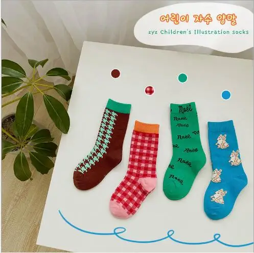 

4 Pairs Pack 1-8 Year 2021 spring cartoon plaid tube socks boys and girls socks