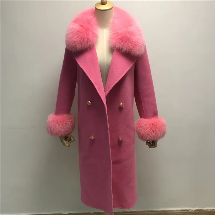 rose Red Подиум Стиль Натуральная шерсть шуба из натурального Лисьего меха женский двойной brested тонкий пояс длинный кашемир верхняя одежда тренчи - Цвет: rose Red