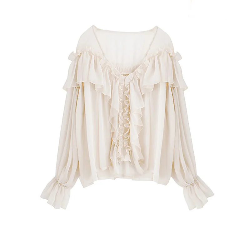 

V-neck Sexy Shirts Women See Through Boho Mesh Blouse Summer Ruffle Flare Sleeve Elegant Peplum Tops Ruffles Ladies