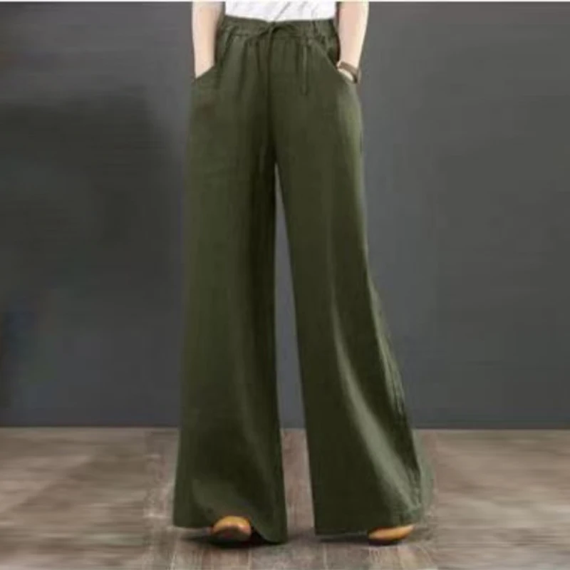 

Cotton Linen Women's Pants Drawstring Vintage Wide Leg Oversize Trousers For Female Clothing 2021 Summer Ladies Long Trouser