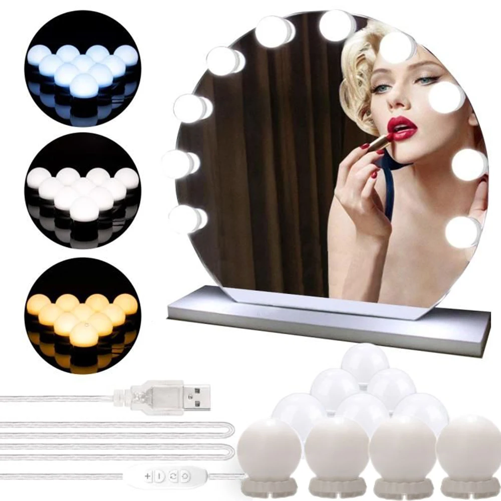 

Vanity LED Mirror Light Kit with 10 Bulbs Adjustable Brightness Makeup Lamp 3 Lighting Modes USB Mirror String Light for Makeup