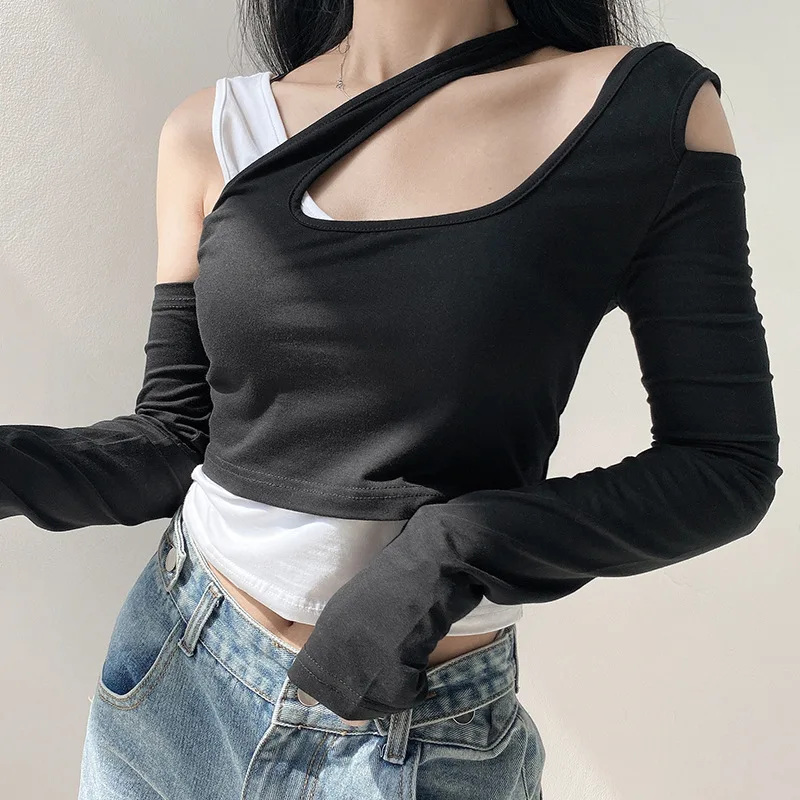 

2020 Autumn New Feature Hollow-out Fake Two-piece Patchwork Sexy Navel T-shirt Casual Top Women Full Sleeve Irregular Tops WA88
