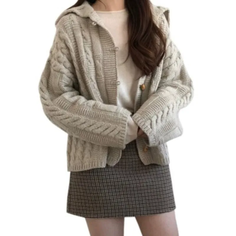 

Осень Новая Корейская версия шикарный элегантный толстый шерстяной вязаный кардиган с капюшоном свитер Женское пальто Wn *