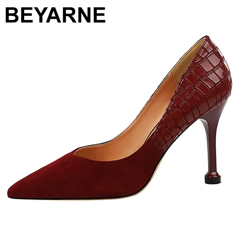 

BEYARNESexy Snake Pattern Party Shoes for Women Fashion High Heels Shoes 2021 Spring Solid Flock Pointed Toe Leather Woman Pumps