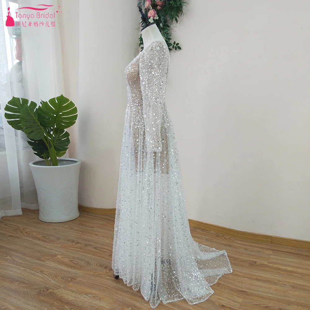 Блестящие Свадебные платья с блестками сексуальные иллюзионные длинным рукавом