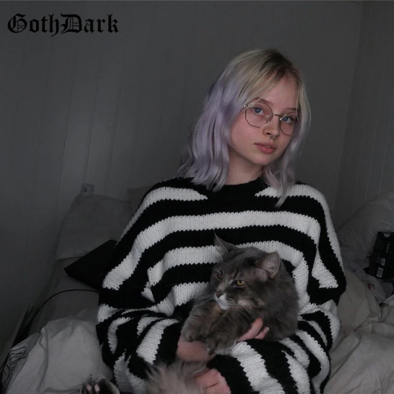 Женский свитер с длинным рукавом Goth Dark винтажный Полосатый пуловер оверсайз