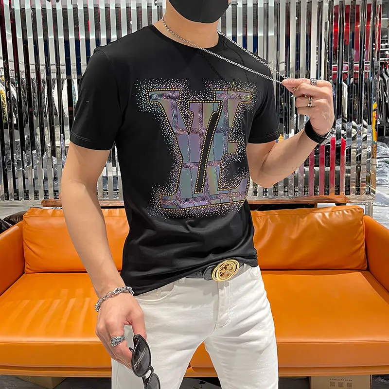 

Men's short sleeve 2021 new summer ice silk cotton T-shirt round neck Korean fashion versatile hot drill top