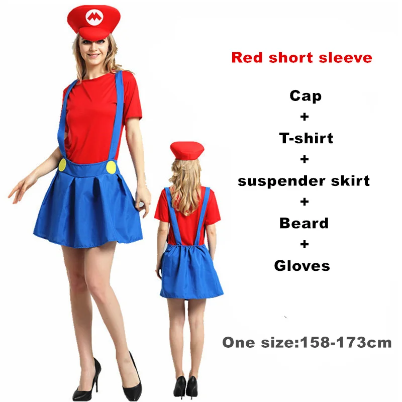 Red short sleeve Взрослый Хэллоуин Супер Марио Детский костюм косплей семья Funy Luigi Bros сантехник Пурим костюм нарядное платье Рождественские Вечерние - Цвет: Red short sleeve