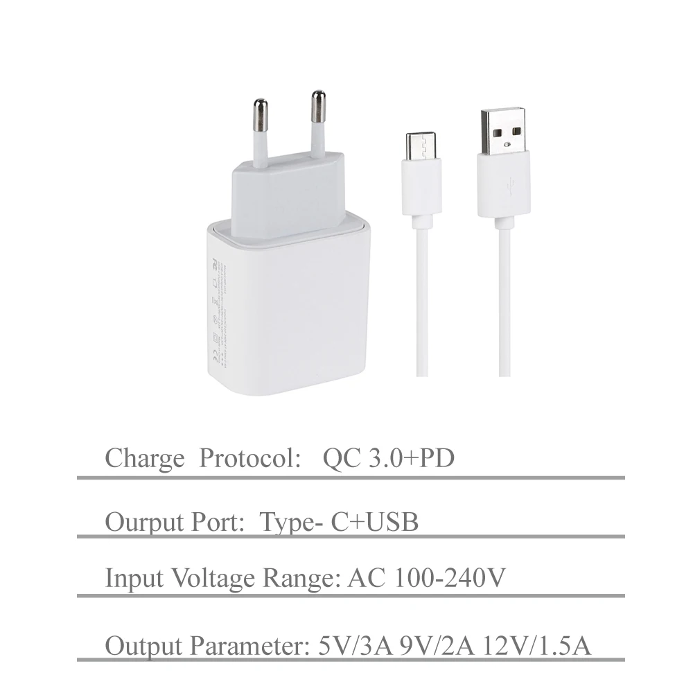 

Newest QC 3.0 USB PD charger and cable fast charging EU plug 5V/3A 9V/2A 12V/1.5A Universal Charging Adapter for iPhone Xiaomi