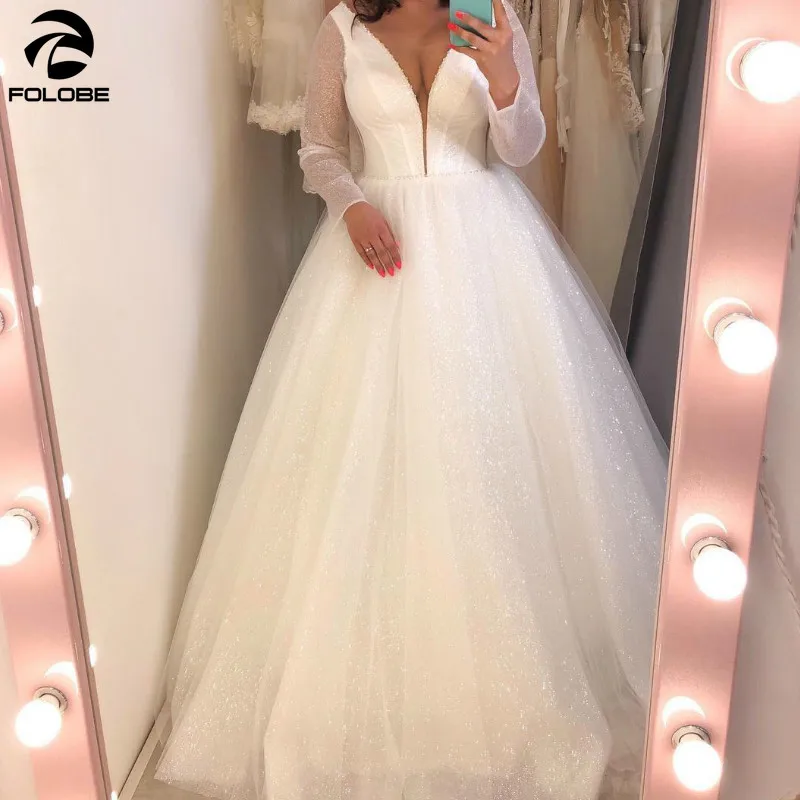

2021 Latest Design Sexy Wedding Dresses V-neck Beaded Ivory Lace Up A-Line Shiny Sequins Tulle Bridal Gown vestidos de novia