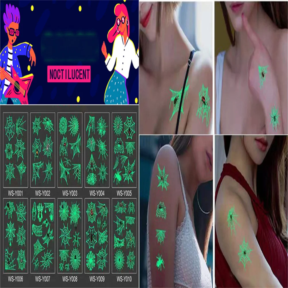 

10 Kinds Luminous Tattoo Halloween Party Female Temporary Tattoo Sticker Disposable Waterproof Tattoo Fake Tattoo For Women
