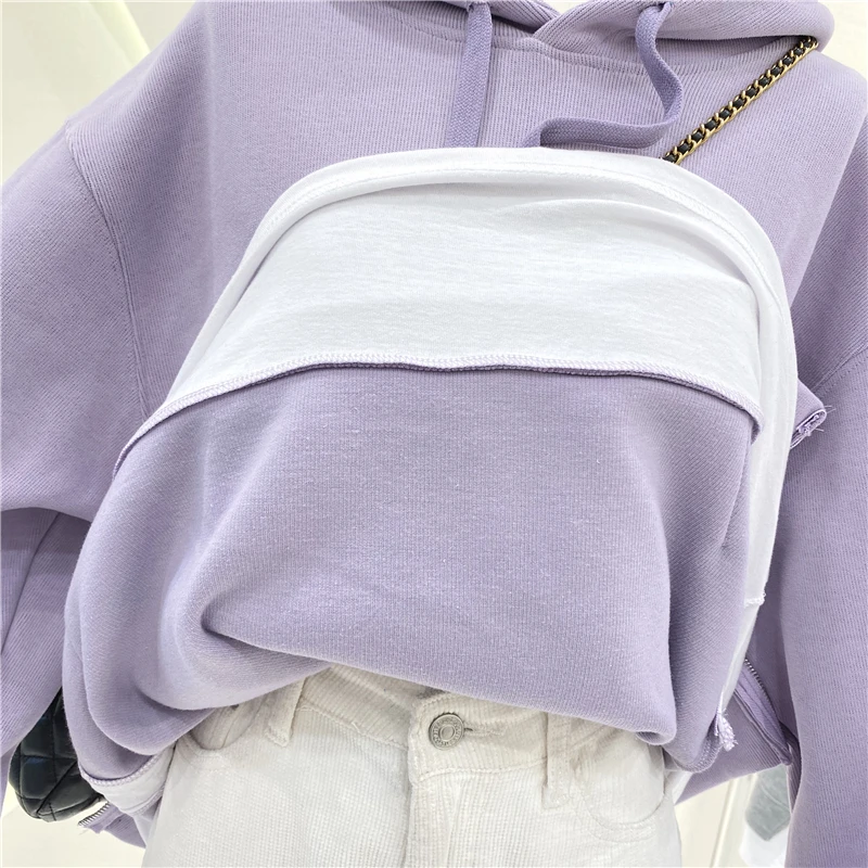 

2021 Spring Side Zipper Stitching Fake Two-Piece Loose Long Sleeve Plain Pullover Hooded Sweatshirt for Women Oversized Hoodie
