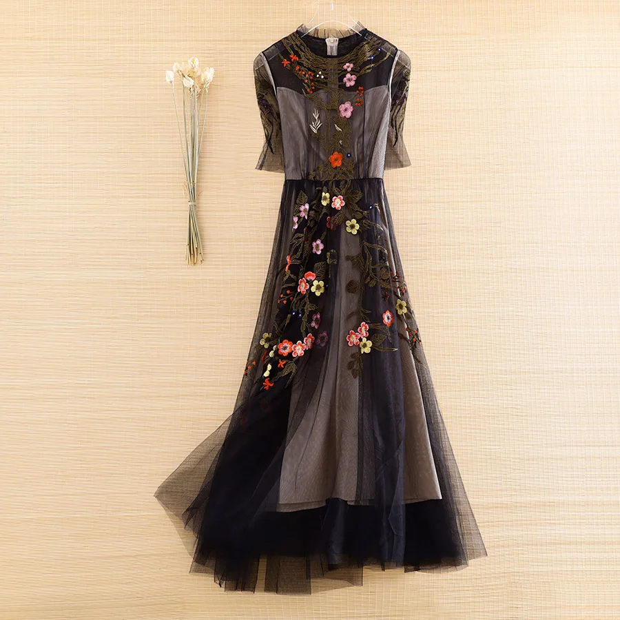 

Высококачественное весеннее и летнее Сетчатое платье в этническом стиле, ретро, элегантное, с вышивкой, тонкое, с круглым вырезом, с рукавом ...