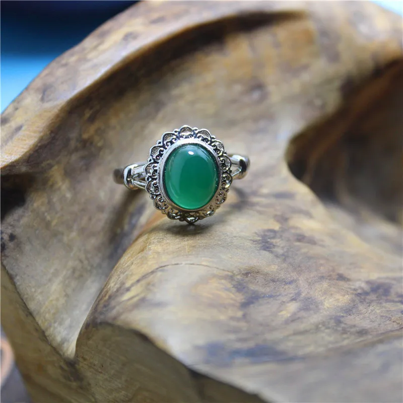 

Liemjee Fashion Personality Punk Jewelry Green Agate Silver Plated Hollow Ring For Women Feature Namour Charm Gift All Seasons