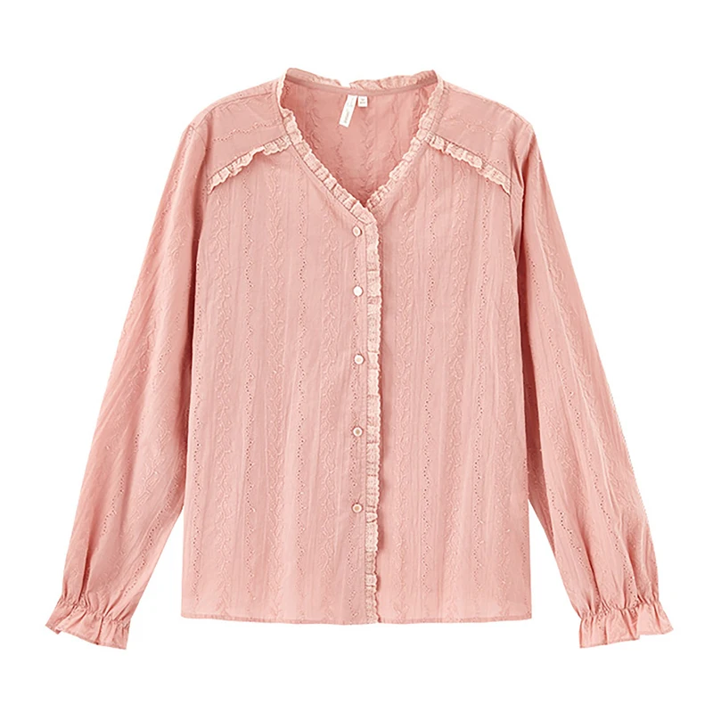 

INAMN Spring Autumn Korean Japanese Shirt Long Flower Sleeves Embroidered Cotton Ladies Romantic Elegant Blouse for Women