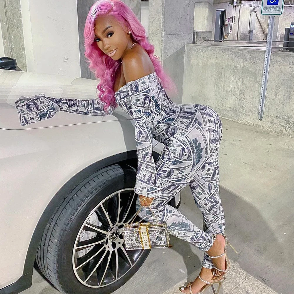 Нам деньги с принтом доллара комплект женские Костюмы из 2 предметов открытыми