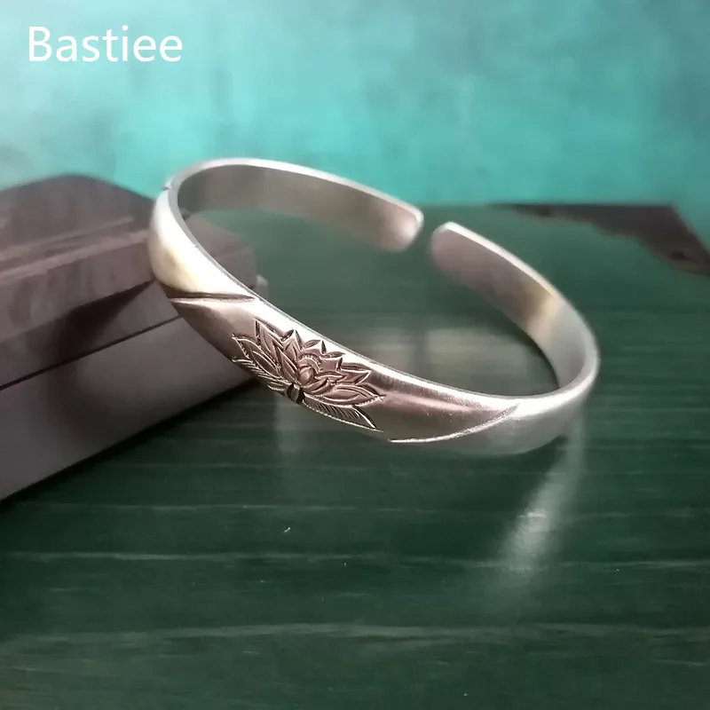 

Bastiee 9999 Sterling Silver Cuff Bangle Bracelet For Women Lotus Flower Hmong Handmade Vintage Luxury Jewelry Armband Jewellery