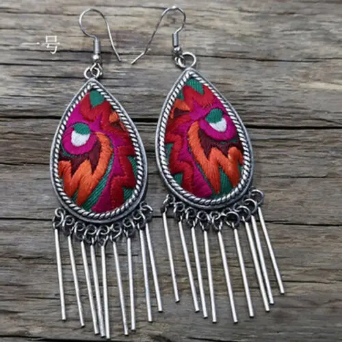 Серебряные серьги miao в этническом стиле с ручной вышивкой | Украшения и