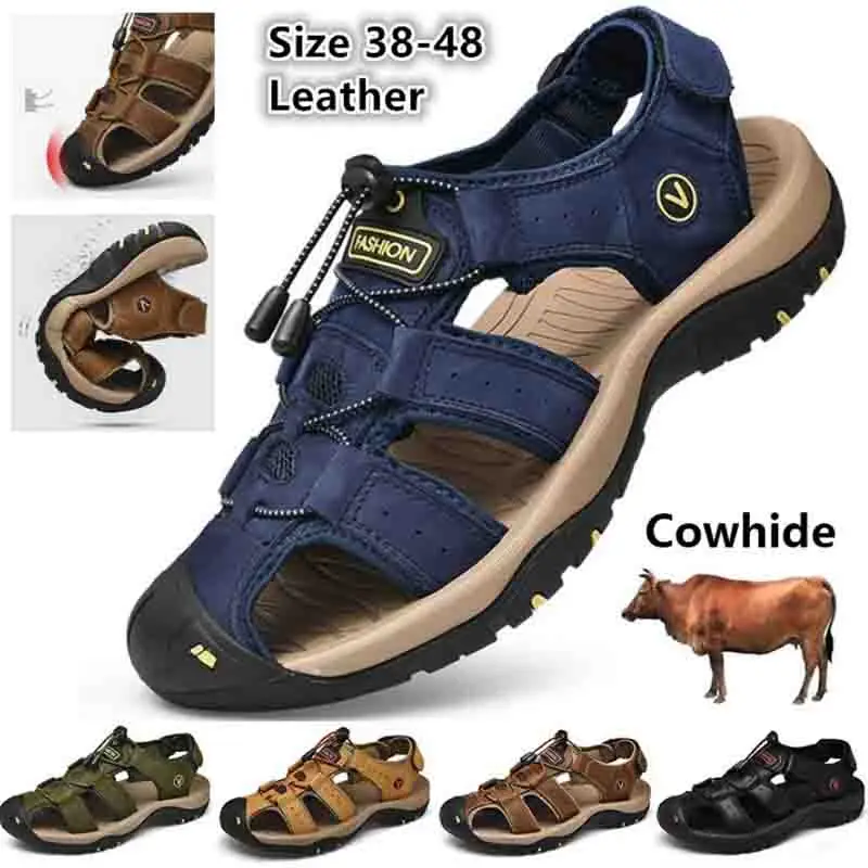 

Men's Leather sandals Genuine Leather Beach Shoes For Men Large Size Sandals Comfortable Outdoor Walking Footwear Slippers