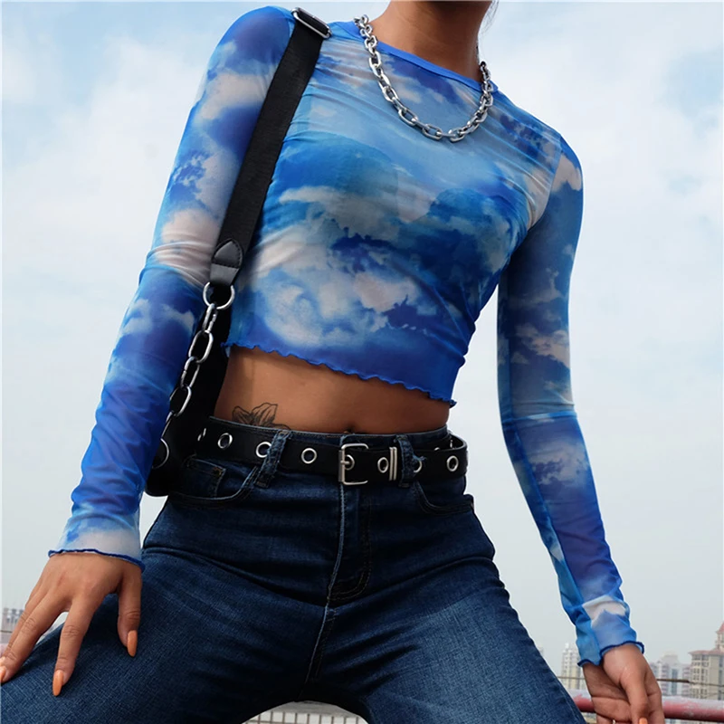 Women O-neck Cropped Blue Sky White Clouds Printed Streetwear T-shirt Tee shirt Femme Sexy Mesh Long Sleeve Tshirt | Женская одежда