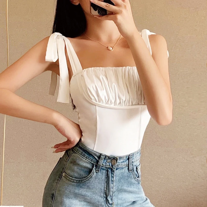 

Summer Solid Color Lace-Up One-Piece Sleeveless Pleated Jumpsuit Sexy Pleated Chest Wrap Sling Tights