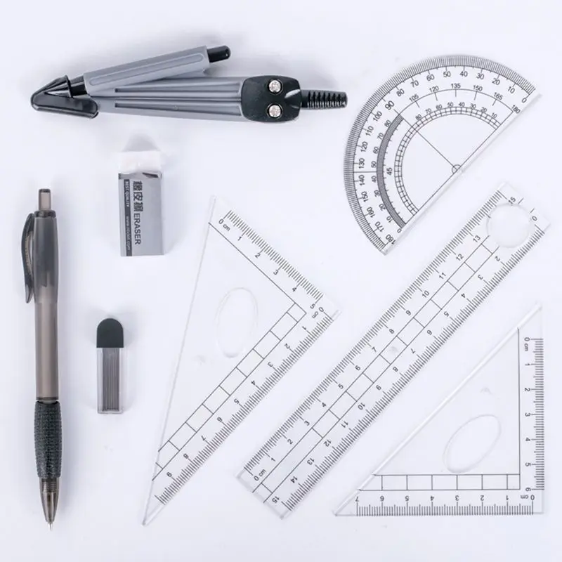 8pcs/set Portable Precision Geometry Protractor Drawing Compass Ruler Pencil Essentials Math Study Tool Kit #917 | Канцтовары для