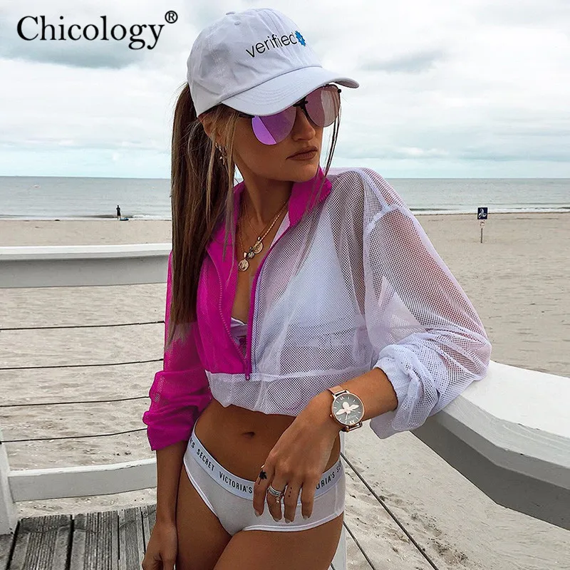 Chicology mesh patchwork zipper long sleeve casual crop top t shirt 2019 summer autumn women streetwear T-shirt female clothes | Женская