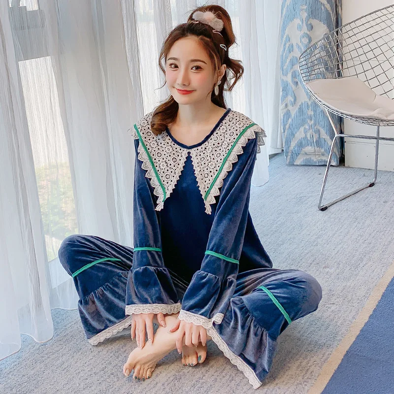 Sexy Pajamas Suit Ladies 2020 Latest Spring Autumn And Winter Gold Long-Sleeved Lace Coral Velvet Sweet Home Service | Женская одежда
