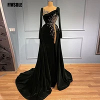 fivsole dark green long prom dress evening dress 2022 saudi arabia train cap sleeves beads mermaid formal gowns robes de soir%c3%a9e