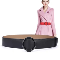 newest black round buckle belts woman hot red cowskin without pin metal buckles real leather strap jeans wide waistbands dress