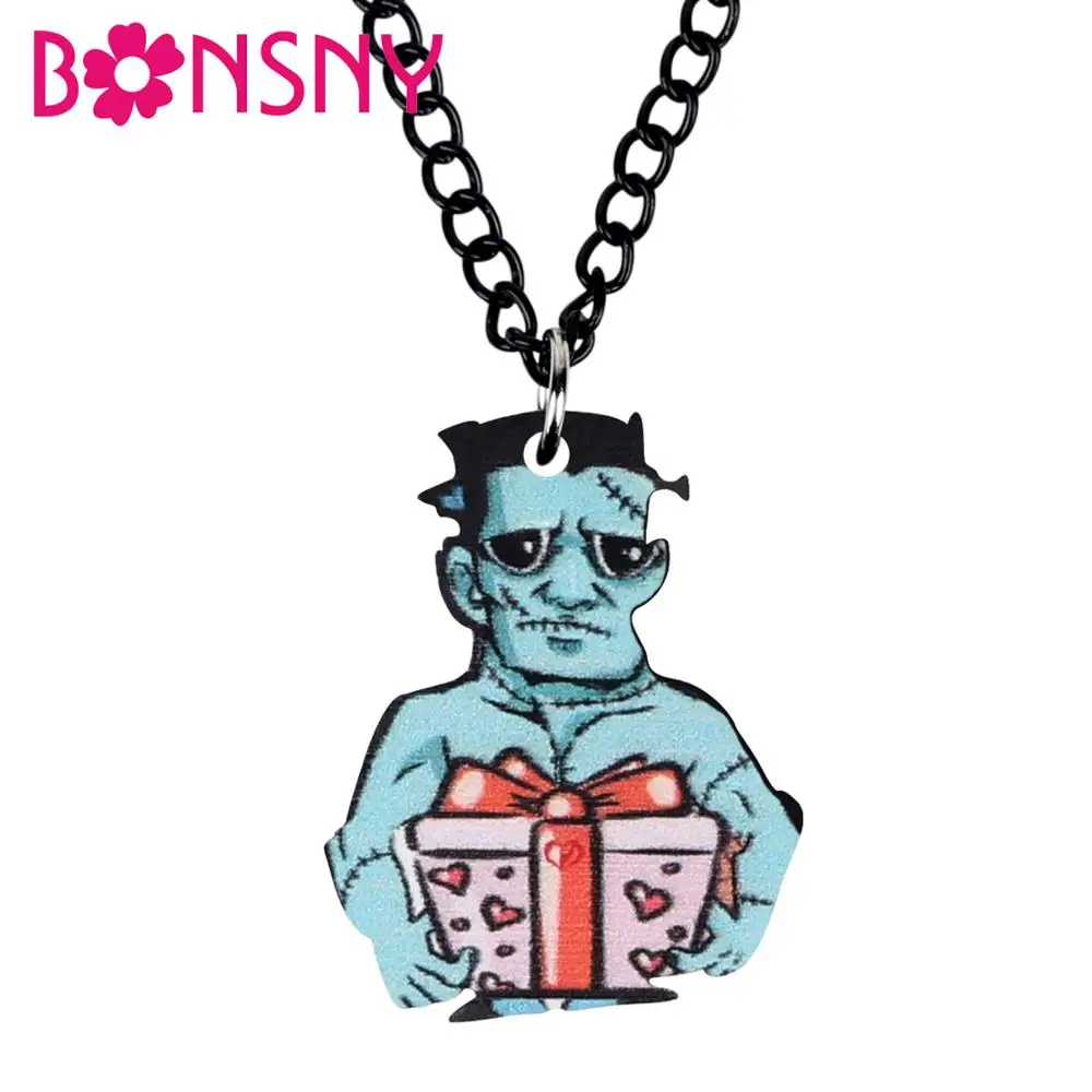 Bonsny акриловое ожерелье в коробке с изображением зомби на Хэллоуин, ожерелье с цепочкой и воротником, кулон, ювелирные изделия для женщин, девушек, подростков, амулеты, подарок