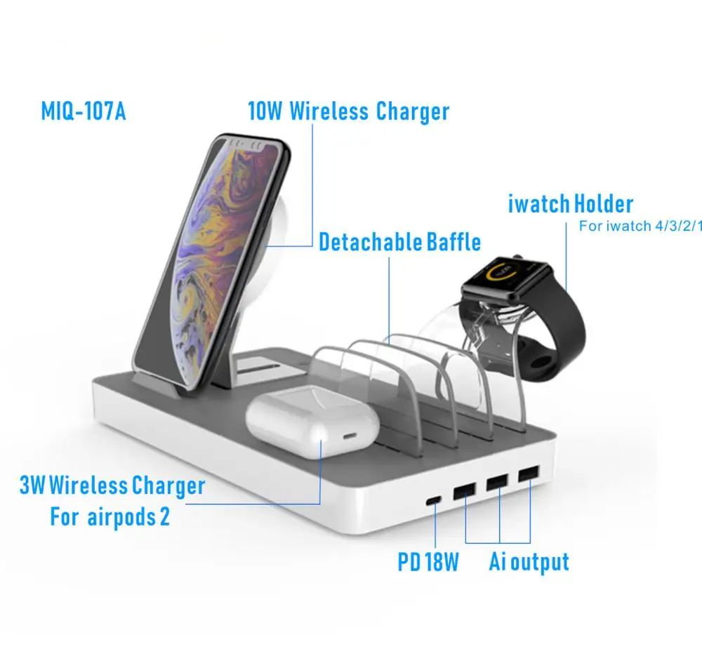 

60W Power Hub Wireless Charger Type-C PD 18W 3 USB Ports with 3 Dividers 1 Watch Holder for iPhone 11 Pro Max, Samsung Galaxy 10