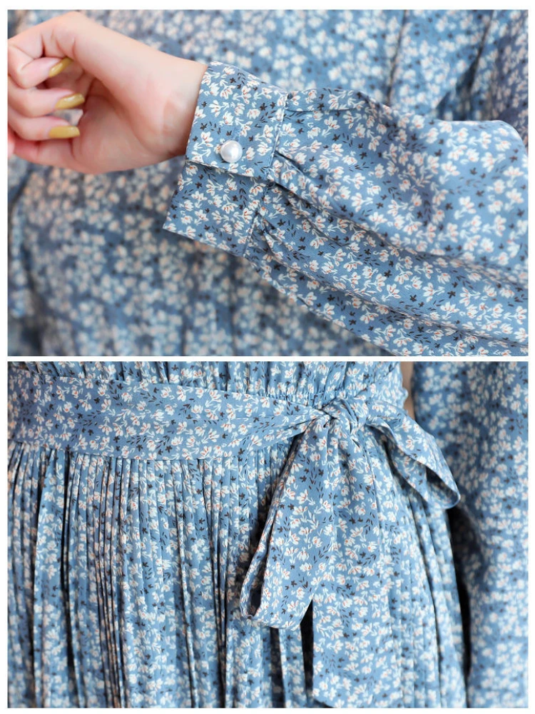 

Women's spring and autumn pleated long sleeve Floral Chiffon Dress 2021 new Korean pleated Ruffle Dress