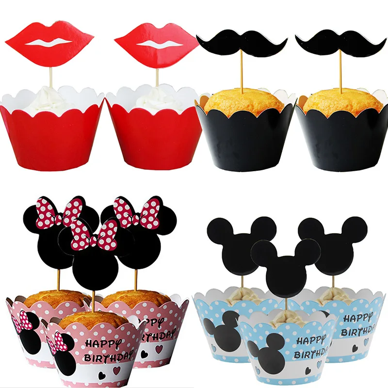 24 pcs/lot Red lips beard Cupcake Wrapper Birthday cake flag Cup Muffin Paper Topper for Party Supplies | Дом и сад