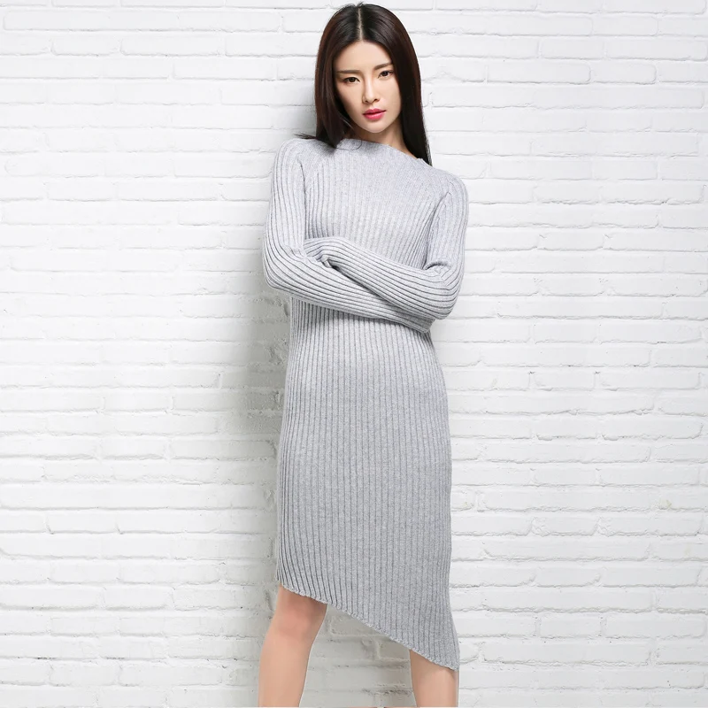 

Newest Fashion Winter knitted Dress Women's Long Sleeve Solid Turtleneck Warm Wool Sweater Dresses irregular Clothes YNZZU YD495