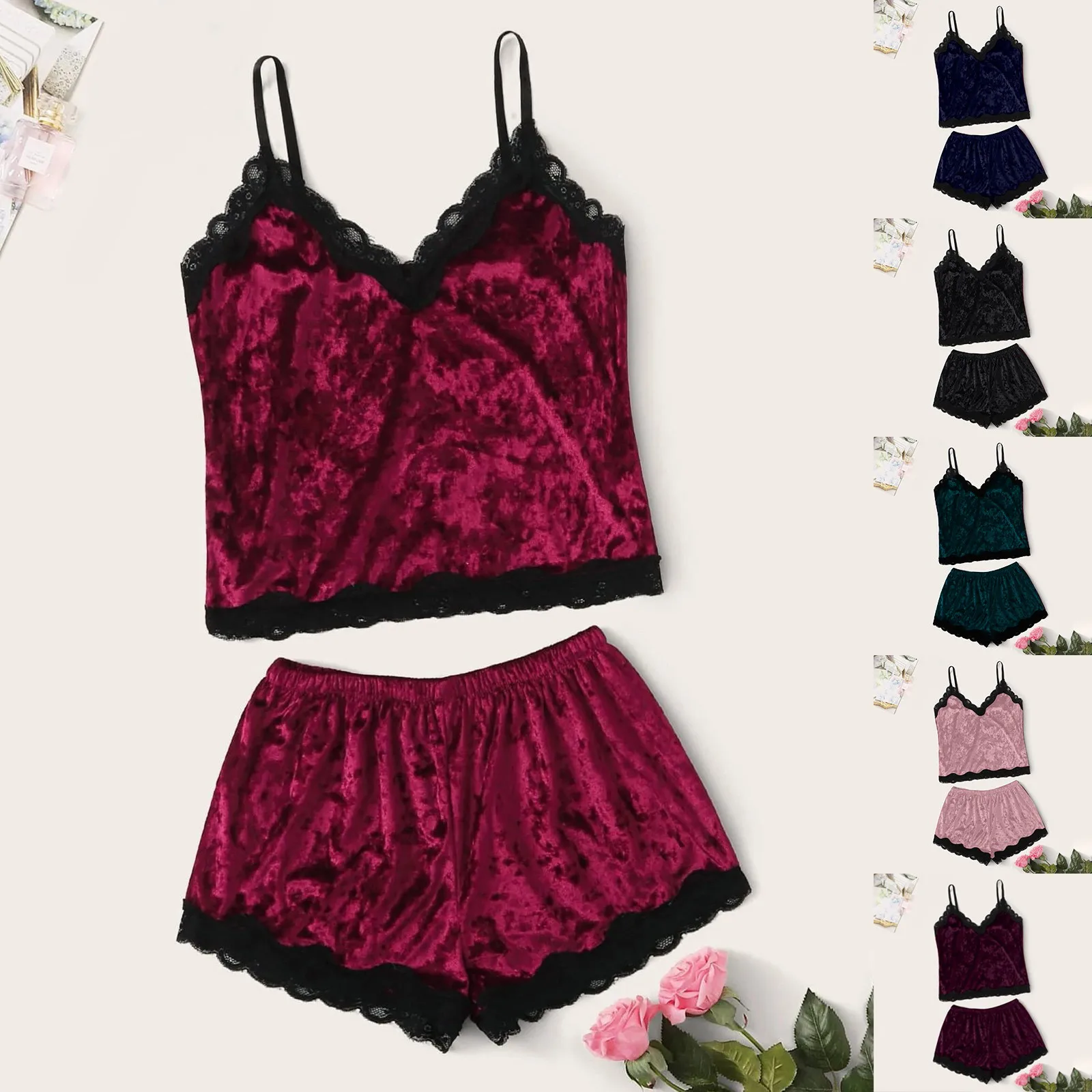 

Sleepwear Pants Set V Neck Velvet Lace Sleeveless Cami Shorts Summer Underwear for Women 2021 Newest Homewear Pizama Damska