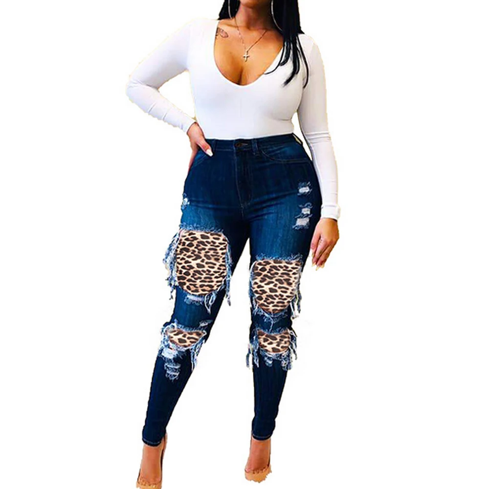 

Female High Waist Leopard Patchwork Skinny Jeans Woman Ripped Denim Pants Women's Autumn Pants Trousers