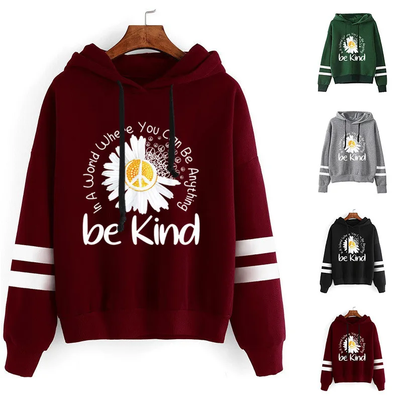 

Женская толстовка с капюшоном Be Kind, толстовки с принтом маргариток, Женская флисовая толстовка в двойную полоску с длинным рукавом и шапкой,...