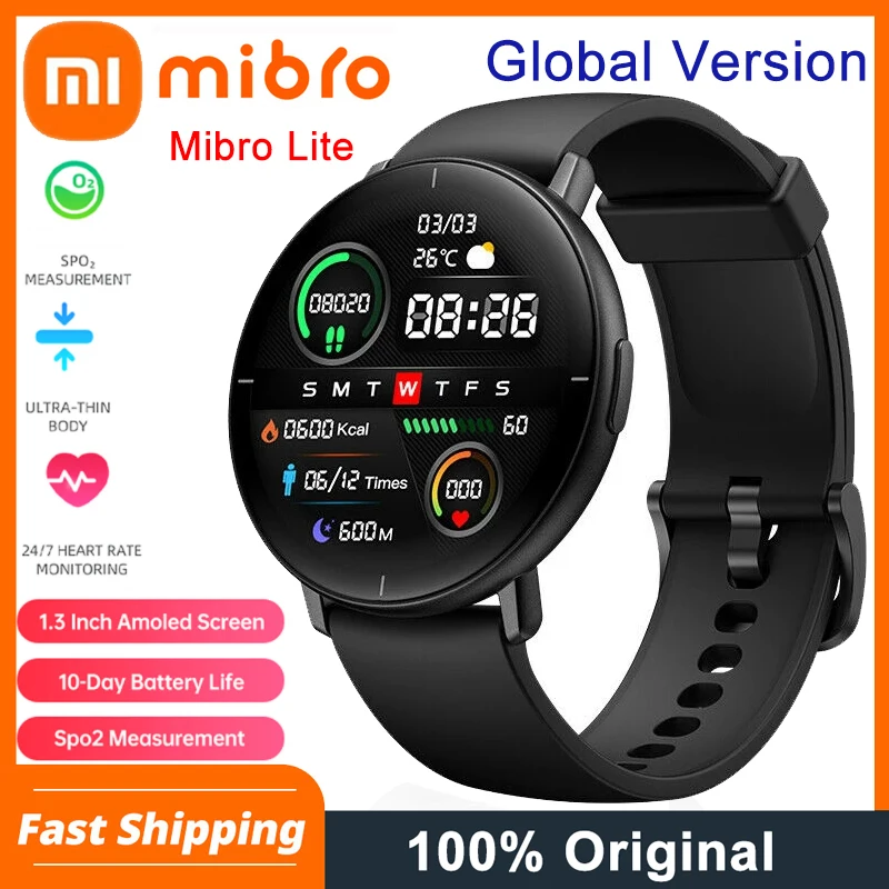 

Смарт-часы Xiaomi Mibro Lite для мужчин и женщин, фитнес-трекер с AMOLED экраном 1,3 дюйма и пульсометром, мониторинг здоровья и кислорода в крови