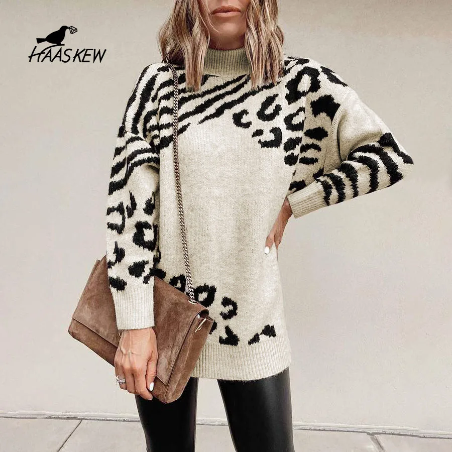 

Leopard Print Turtleneck Knitted Long Sweaters Women Ladies Warm Clothes Baggy Jumpers Thick Mock Neck Pullovers Autumn Winter