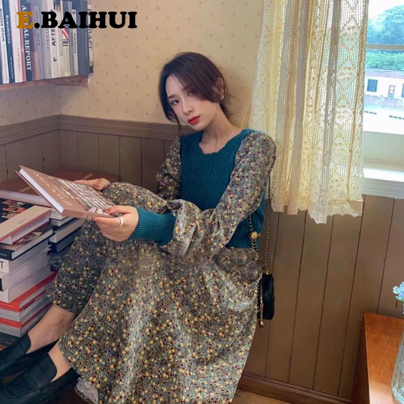 

Женское трикотажное платье EBAIHUI, длинное платье с рукавами-фонариками, с цветочным принтом, на осень и зиму, 2021